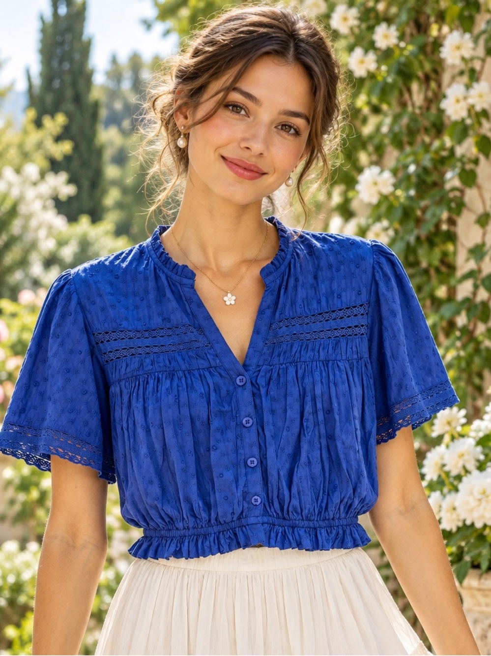 Bila XS Blue Cotton Lace Trim Flutter Sleeve Cropped Boho Blouse NWT